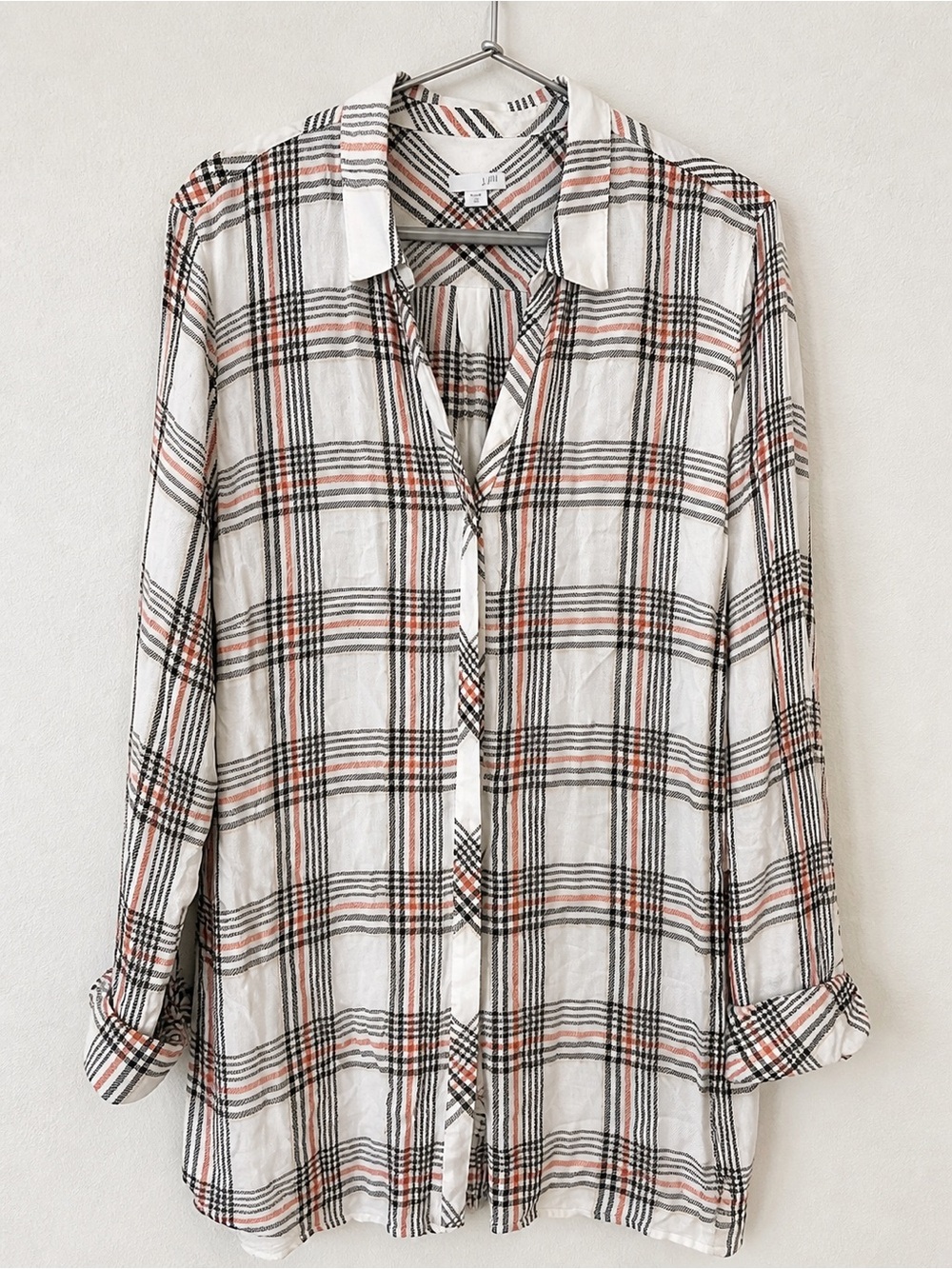 J. Jill Plaid Button Down Shirt White Black Rust Relaxed Fit Lightweight Top